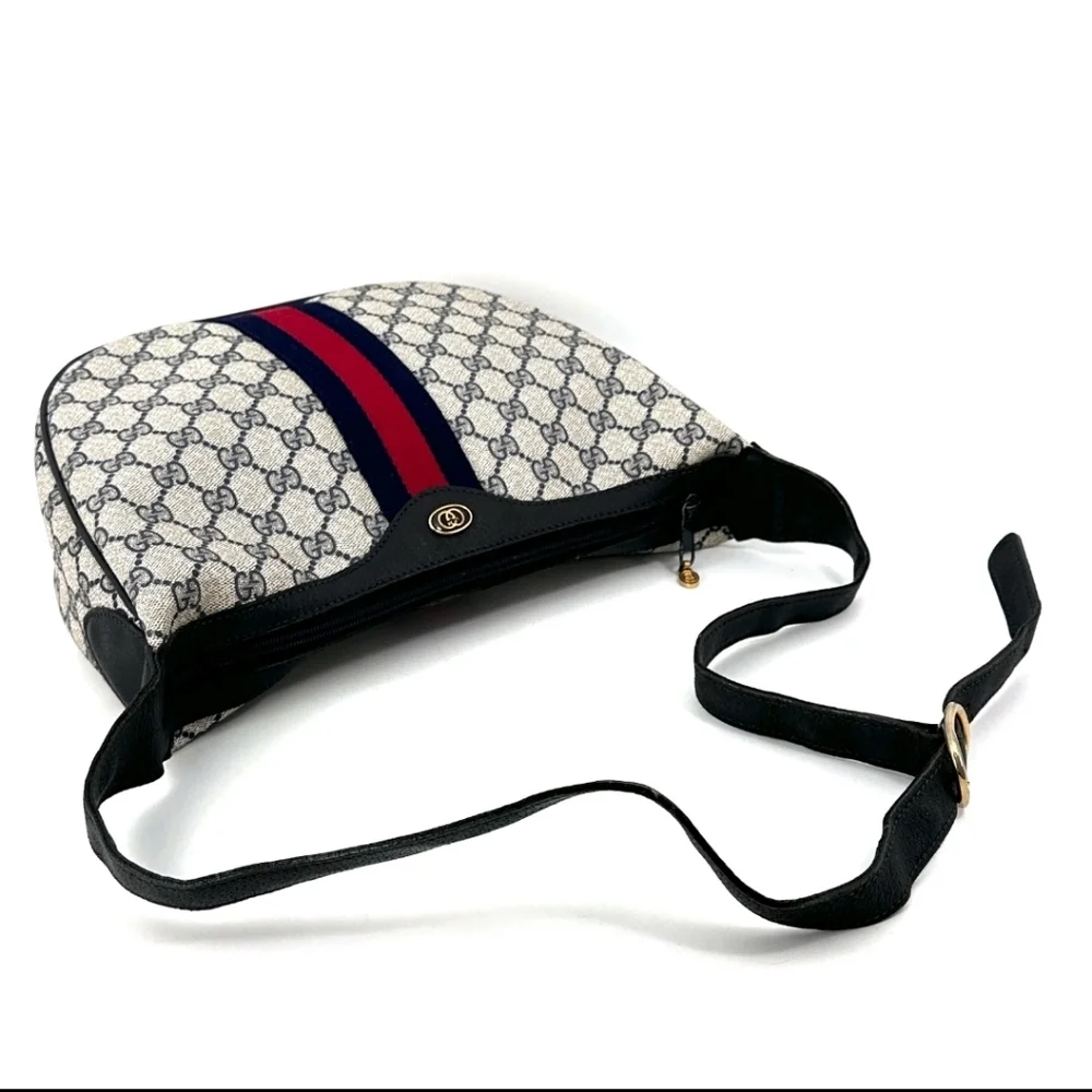 Vintage GUCCI Crossbody Bag GG Sherry Line PVC Leather Navy Shoulder Authentic - Picture 11 of 12
